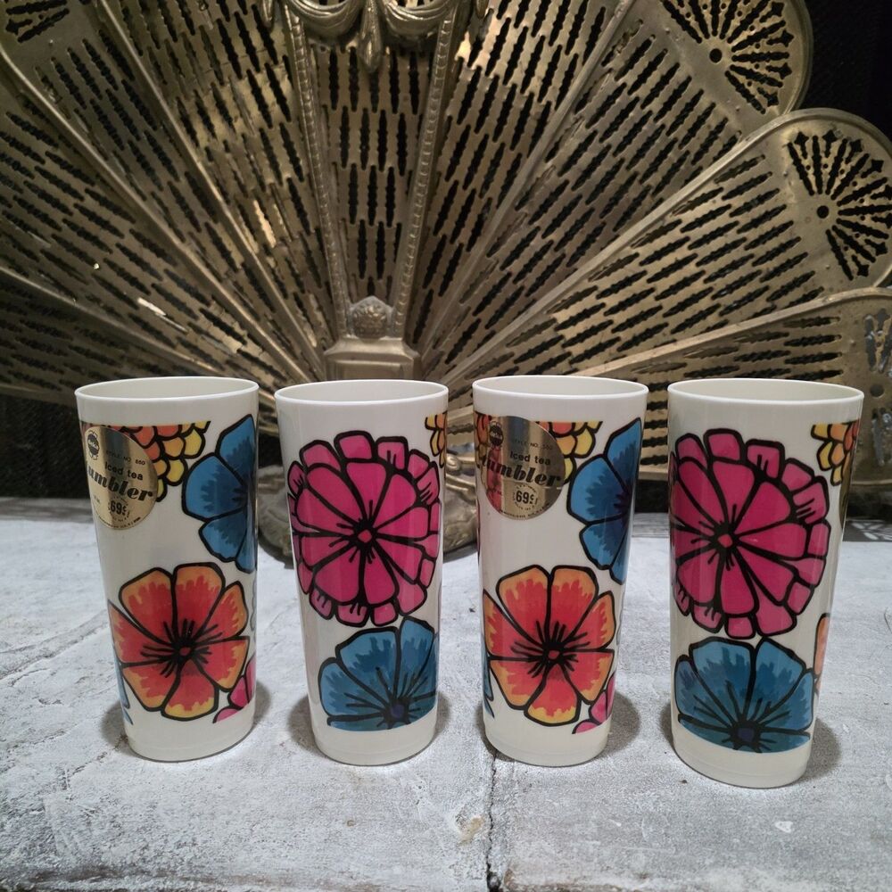 Vintage Deka Floral Iced Tea Cups Bar Tumbler 17oz Set Of 4 New